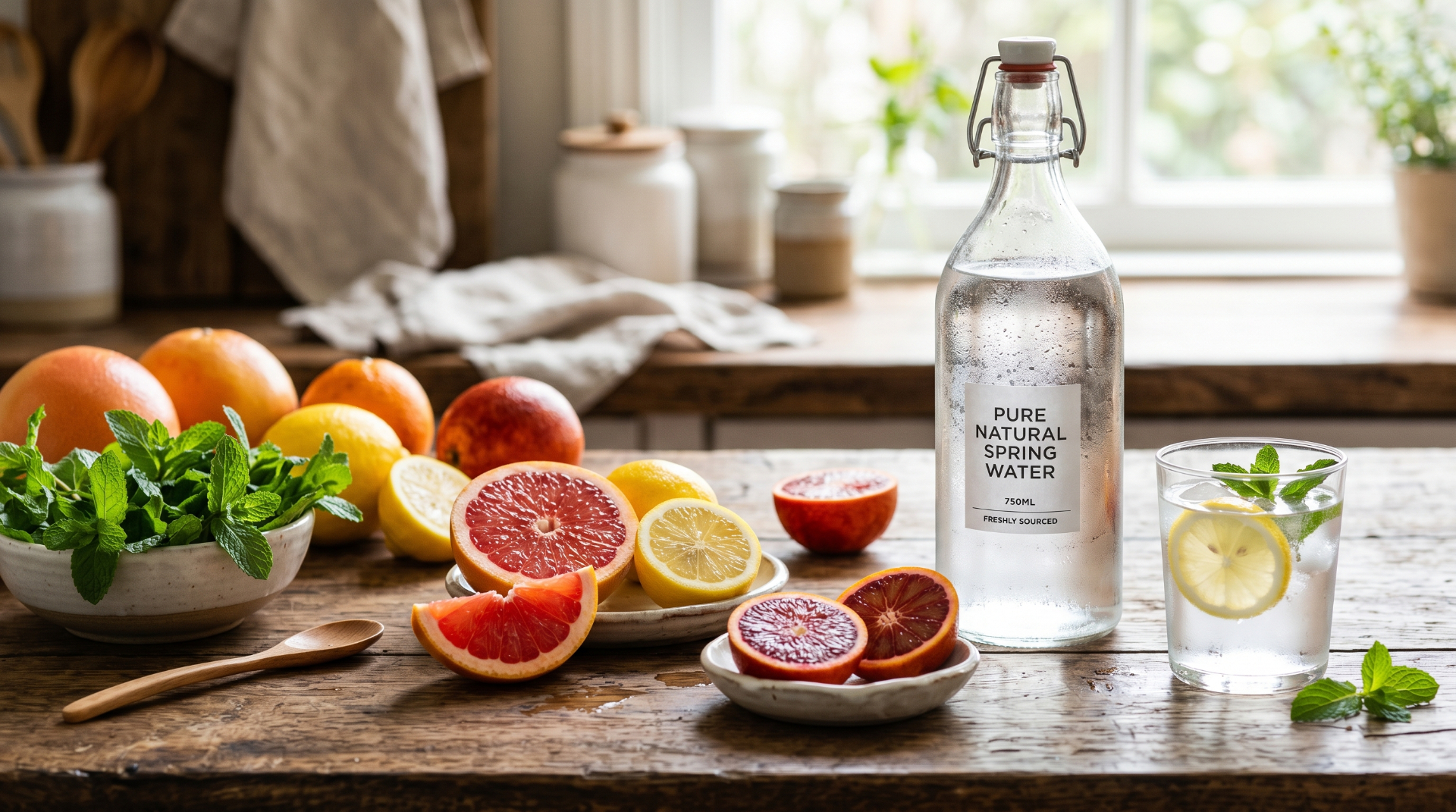 Fresh grapefruit, blood orange and lemon arranged with spring water for a morning citrus ritual