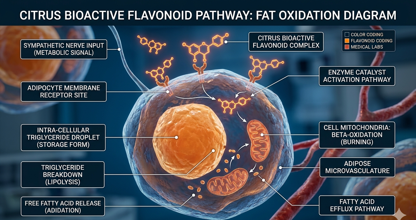 Diagram of citrus flavonoids activating cellular fat oxidation pathways